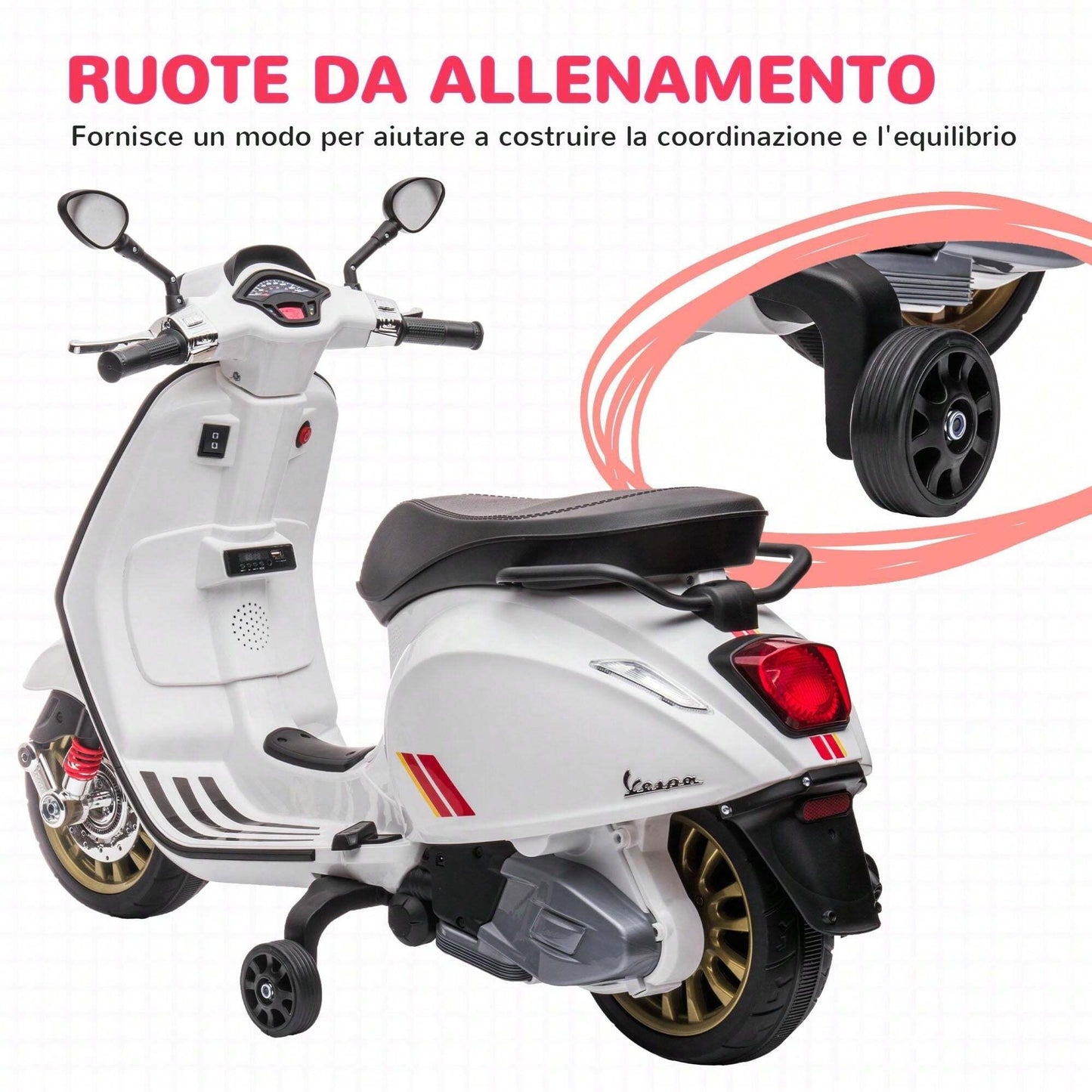 Aiyaplay Moto Elettrica per Bambini 3-8 Anni a Licenza Vespa con Rotelle, Fanale e Musica, Moto Giocattolo in PP e Metallo, 107x47x73 cm