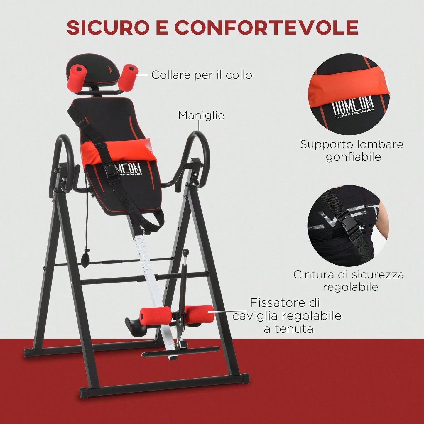 HOMCOM Panca a Inversione con Angolazione e Altezza Regolabile e Poggiatesta, Panca Inversa in Acciaio e Plastica, 79x114x153 cm