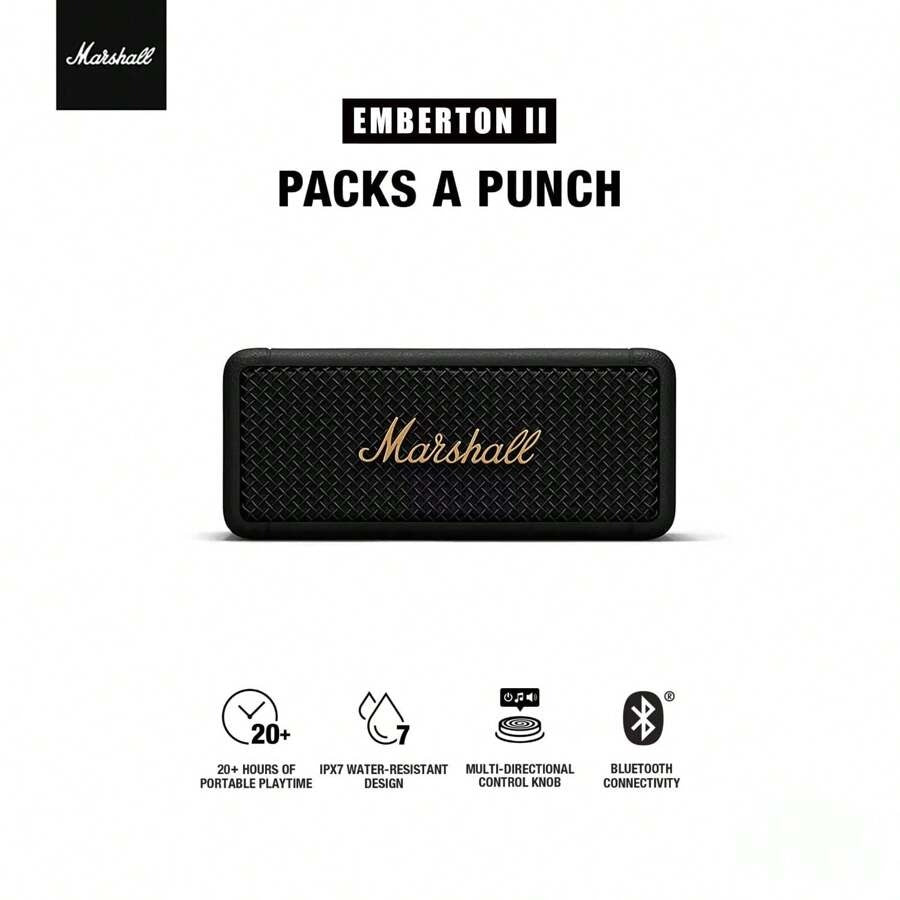 Marshall Altoparlante senza fili portatile Marshall Emberton II IP67 impermeabile con microfono vivavoce, Bluetooth, bassi per iOS/Android/PC, 30 ore di autonomia della batteria