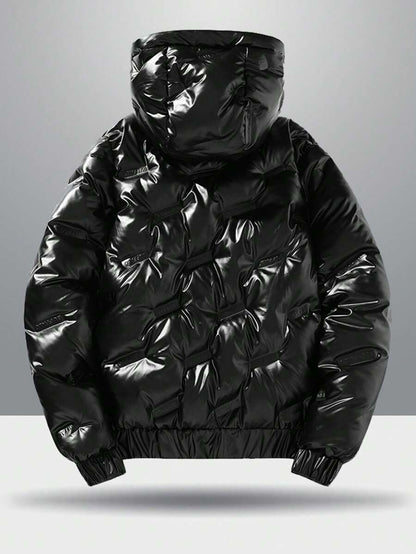 Cappotto casual imbottito con colletto rialzato, maniche lunghe, cappuccio staccabile, resistente al vento, lucido, in tinta unita, adatto per l'autunno/inverno, per tenersi caldi
