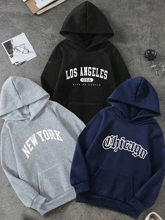 3 pezzi Felpe adolescenti con design casual con lettere cittadine, vestibilità morbida e ampia, adatte alla primavera e all'autunno
