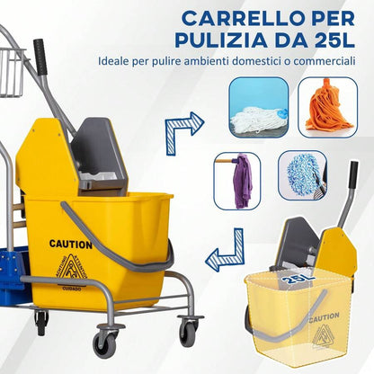 HOMCOM Carrello delle Pulizie Professionale Lavapavimento con Secchio 25L Ruote Strizzatore 72 * 49.5 * 95cm