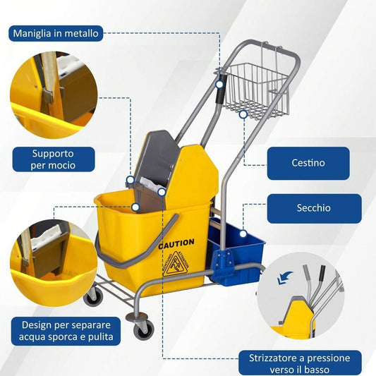 HOMCOM Carrello delle Pulizie Professionale Lavapavimento con Secchio 25L Ruote Strizzatore 72 * 49.5 * 95cm