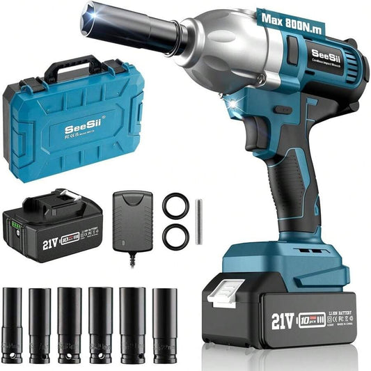 SEESII Seesii avvitatore a batteria, avvitatore ad alta coppia di 800N.m, pistola ad impatto da 580Ft-lbs 1/2 pollici con una batteria da 4.0Ah, caricabatterie e 6 bussole