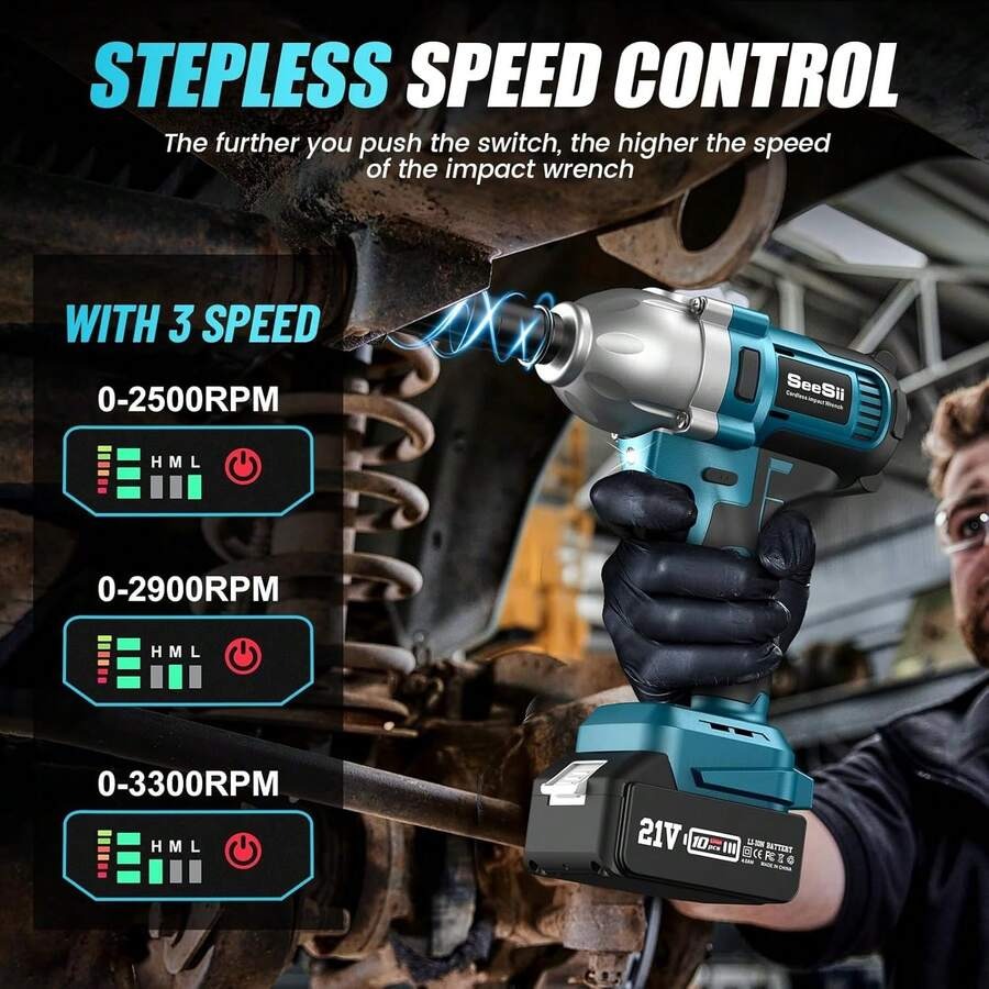SEESII Seesii avvitatore a batteria, avvitatore ad alta coppia di 800N.m, pistola ad impatto da 580Ft-lbs 1/2 pollici con una batteria da 4.0Ah, caricabatterie e 6 bussole