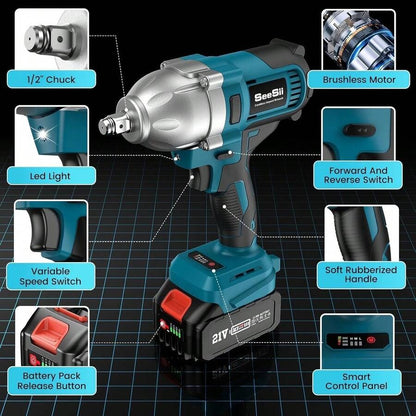 SEESII Seesii avvitatore a batteria, avvitatore ad alta coppia di 800N.m, pistola ad impatto da 580Ft-lbs 1/2 pollici con una batteria da 4.0Ah, caricabatterie e 6 bussole