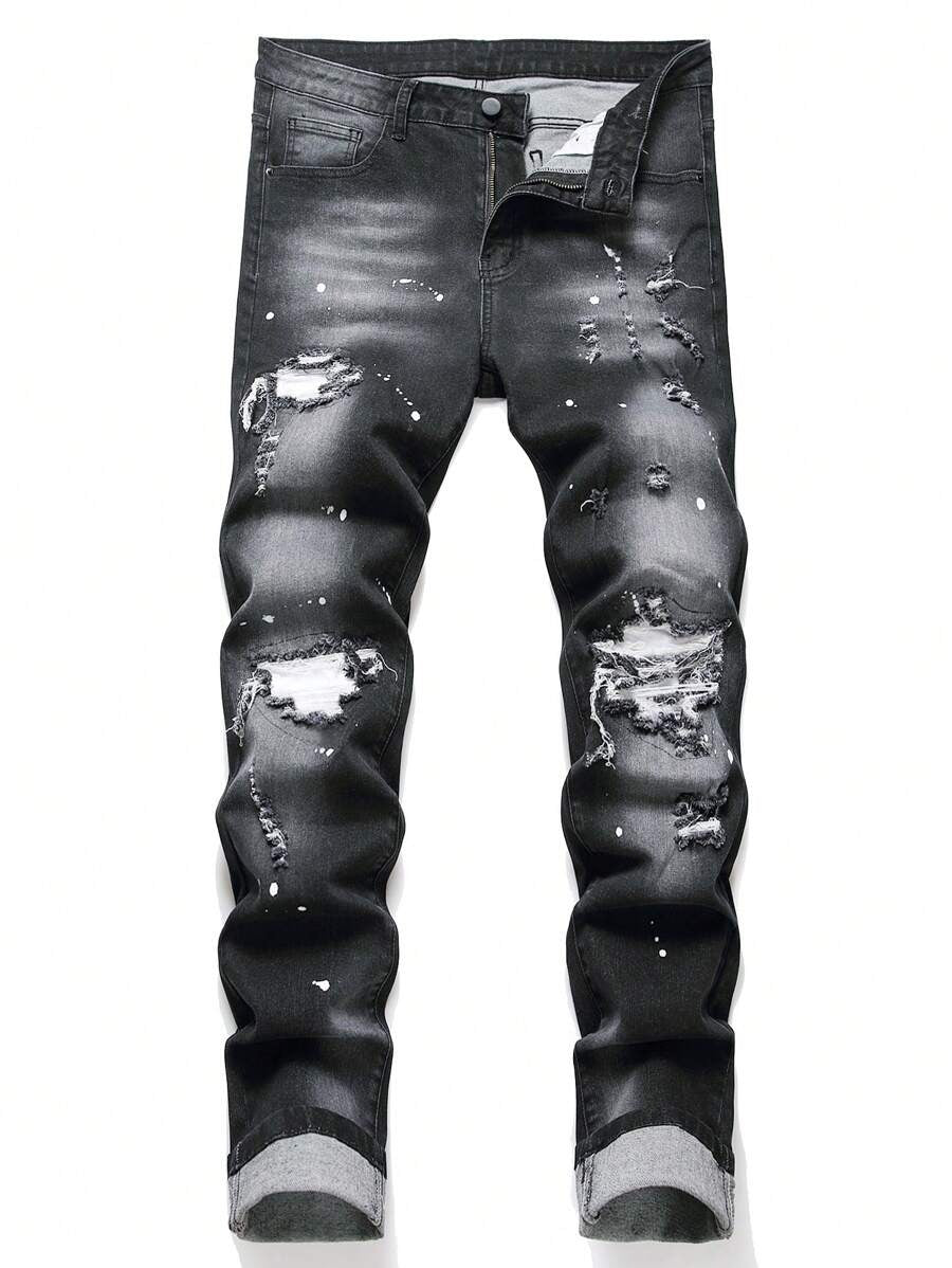 Manfinity LEGND Jeans skinny da uomo con stampa a spruzzi d'inchiostro e strappi, jeans slim fit scuri, jeans neri cargo lunghi, adatti come regalo per il marito o il fidanzato