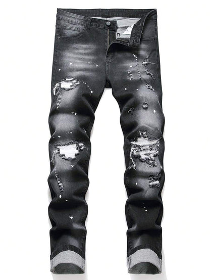 Manfinity LEGND Jeans skinny da uomo con stampa a spruzzi d'inchiostro e strappi, jeans slim fit scuri, jeans neri cargo lunghi, adatti come regalo per il marito o il fidanzato