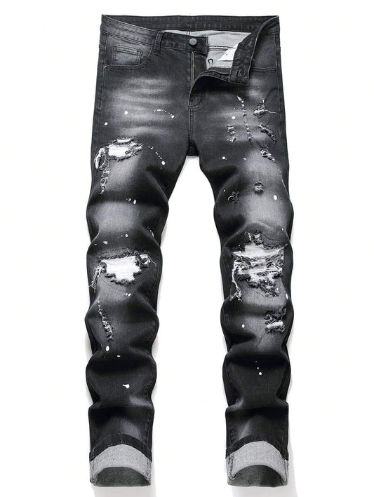 Manfinity LEGND Jeans skinny da uomo con stampa a spruzzi d'inchiostro e strappi, jeans slim fit scuri, jeans neri cargo lunghi, adatti come regalo per il marito o il fidanzato
