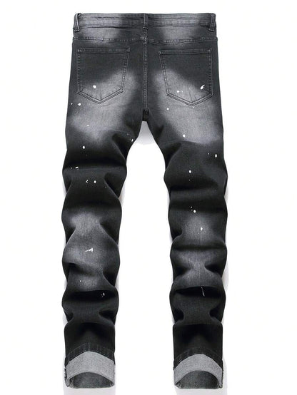 Manfinity LEGND Jeans skinny da uomo con stampa a spruzzi d'inchiostro e strappi, jeans slim fit scuri, jeans neri cargo lunghi, adatti come regalo per il marito o il fidanzato