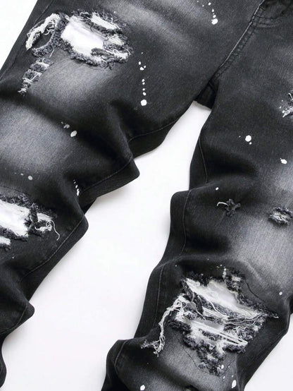 Manfinity LEGND Jeans skinny da uomo con stampa a spruzzi d'inchiostro e strappi, jeans slim fit scuri, jeans neri cargo lunghi, adatti come regalo per il marito o il fidanzato