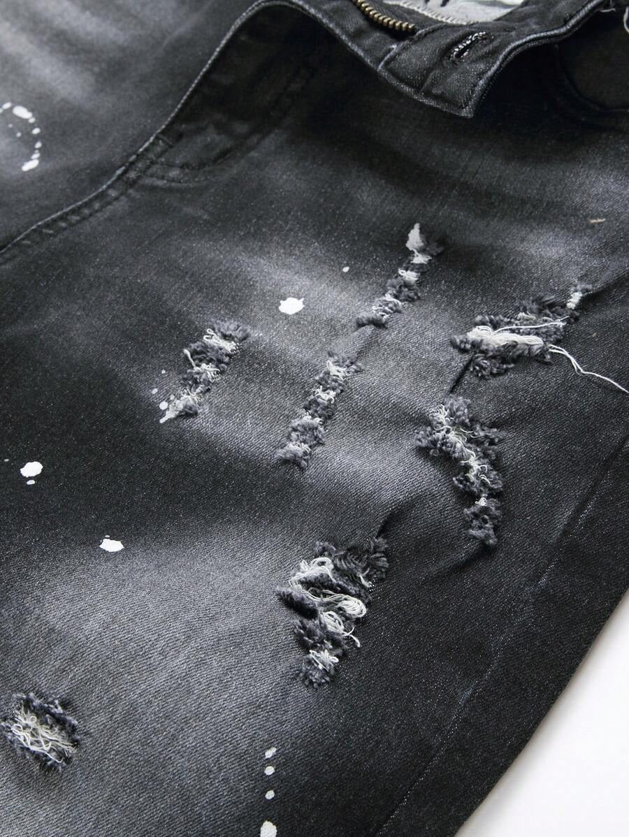Manfinity LEGND Jeans skinny da uomo con stampa a spruzzi d'inchiostro e strappi, jeans slim fit scuri, jeans neri cargo lunghi, adatti come regalo per il marito o il fidanzato
