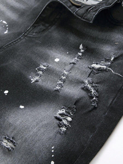 Manfinity LEGND Jeans skinny da uomo con stampa a spruzzi d'inchiostro e strappi, jeans slim fit scuri, jeans neri cargo lunghi, adatti come regalo per il marito o il fidanzato