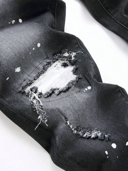 Manfinity LEGND Jeans skinny da uomo con stampa a spruzzi d'inchiostro e strappi, jeans slim fit scuri, jeans neri cargo lunghi, adatti come regalo per il marito o il fidanzato