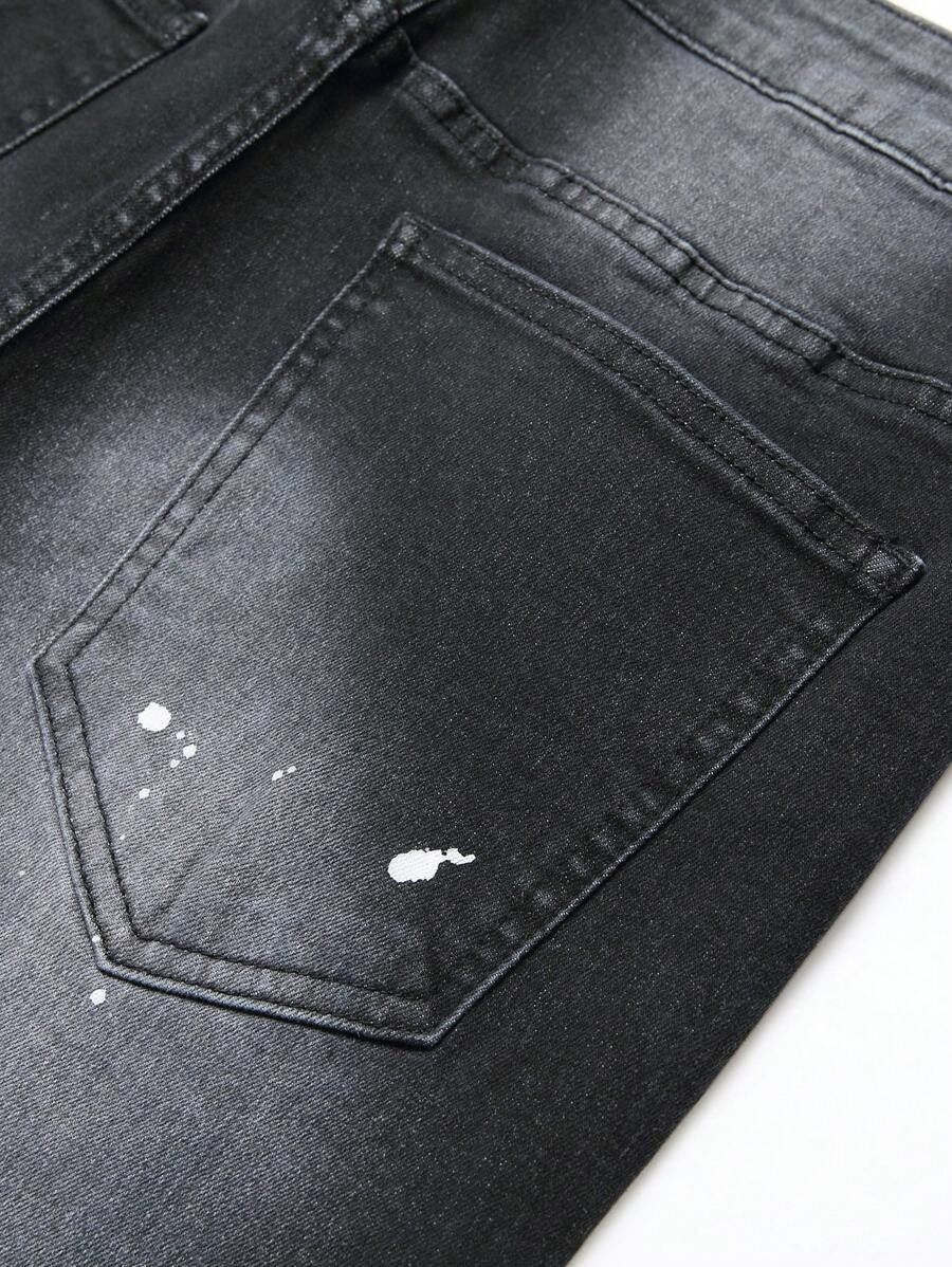 Manfinity LEGND Jeans skinny da uomo con stampa a spruzzi d'inchiostro e strappi, jeans slim fit scuri, jeans neri cargo lunghi, adatti come regalo per il marito o il fidanzato