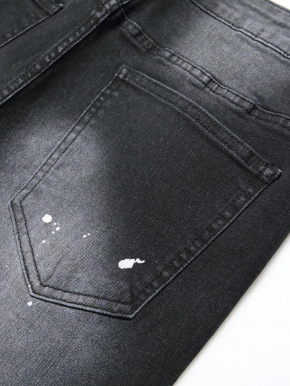 Manfinity LEGND Jeans skinny da uomo con stampa a spruzzi d'inchiostro e strappi, jeans slim fit scuri, jeans neri cargo lunghi, adatti come regalo per il marito o il fidanzato