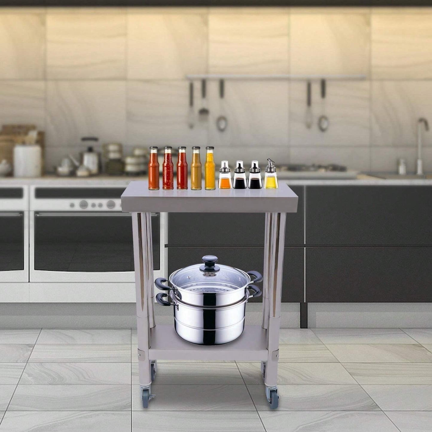 CNCEST Tavolo da lavoro CNCEST tavolo in acciaio inox con ruote tavolino d'appoggio tavolo da lavoro per ristorazione in acciaio inox, tavolo di preparazione
