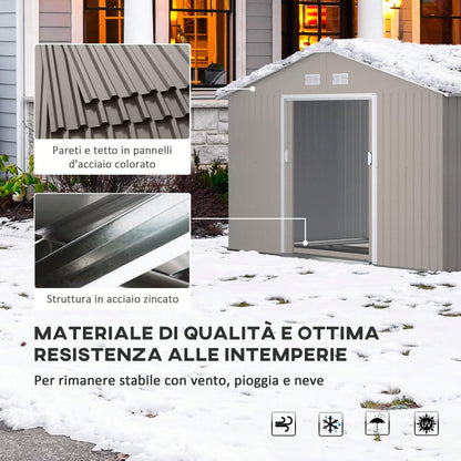 Outsunny Casetta da Giardino con Doppie Porte Scorrevoli e Tetto Inclinato, Capanno da Giardino in Acciaio e PP, 3.4x4x2 m, Grigio
