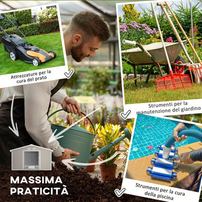 Outsunny Casetta da Giardino con Doppie Porte Scorrevoli e Tetto Inclinato, Capanno da Giardino in Acciaio e PP, 3.4x4x2 m, Grigio