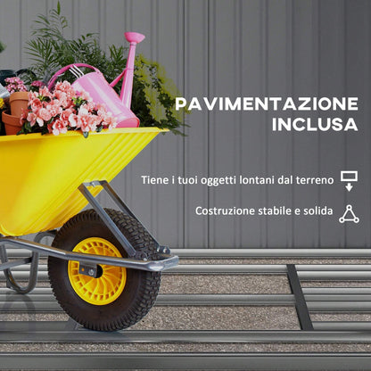 Outsunny Casetta da Giardino con Doppie Porte Scorrevoli e Tetto Inclinato, Capanno da Giardino in Acciaio e PP, 3.4x4x2 m, Grigio