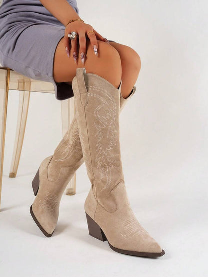 Stivali da equitazione al ginocchio per donna, nuovi, con tacco largo, e ricami western, versatili