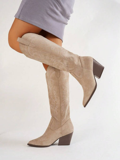 Stivali da equitazione al ginocchio per donna, nuovi, con tacco largo, e ricami western, versatili