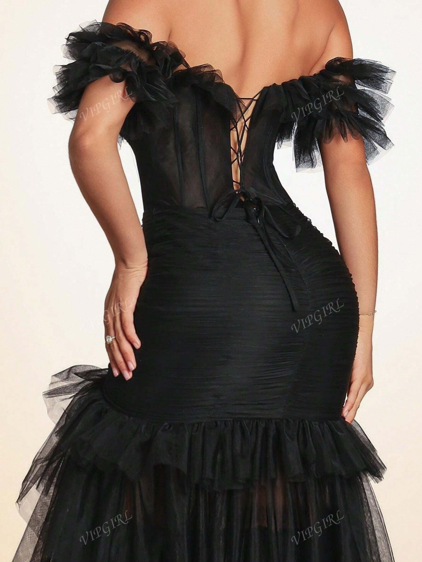 VIPGIRL Abito da sera elegante da donna con spalle scoperte, in rete, con spacco alto, volant sul fondo, colore nero, adatto per cerimonie formali, lauree