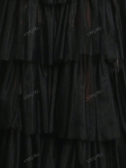 VIPGIRL Abito da sera elegante da donna con spalle scoperte, in rete, con spacco alto, volant sul fondo, colore nero, adatto per cerimonie formali, lauree