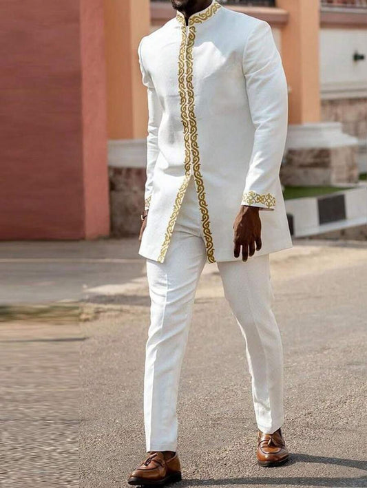 Set Nuovo Giacca e Pantaloni da Uomo in Stile Tradizionale Africano con Scollo a Equipaggio, Tinta Unita, Ricamo, Manica Lunga, Abito da Matrimonio