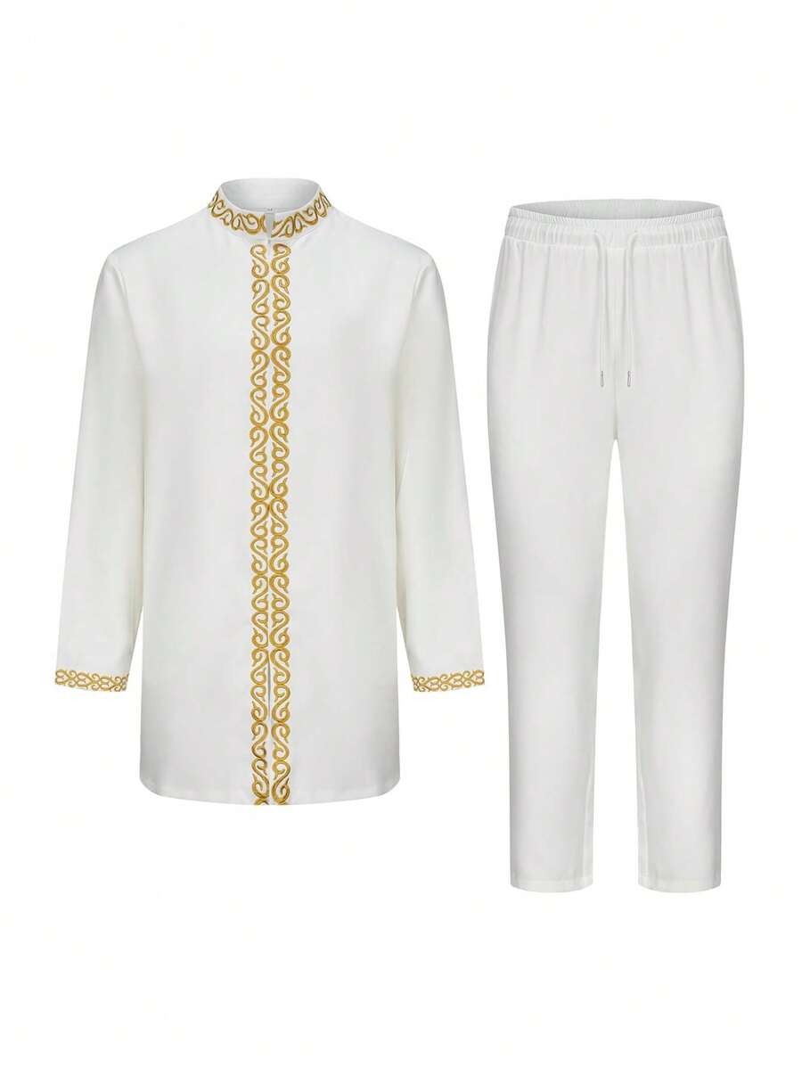 Set Nuovo Giacca e Pantaloni da Uomo in Stile Tradizionale Africano con Scollo a Equipaggio, Tinta Unita, Ricamo, Manica Lunga, Abito da Matrimonio
