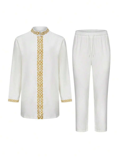 Set Nuovo Giacca e Pantaloni da Uomo in Stile Tradizionale Africano con Scollo a Equipaggio, Tinta Unita, Ricamo, Manica Lunga, Abito da Matrimonio