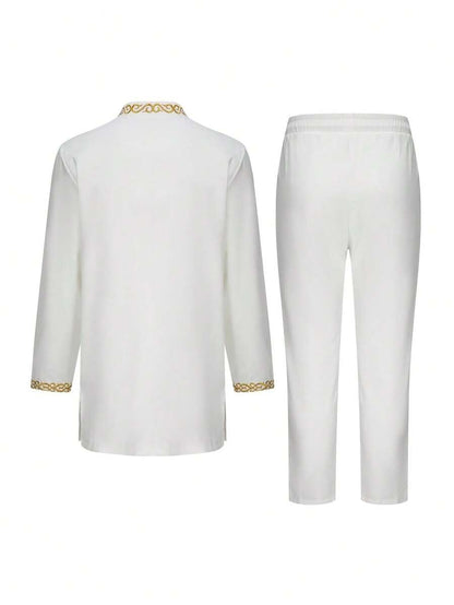 Set Nuovo Giacca e Pantaloni da Uomo in Stile Tradizionale Africano con Scollo a Equipaggio, Tinta Unita, Ricamo, Manica Lunga, Abito da Matrimonio