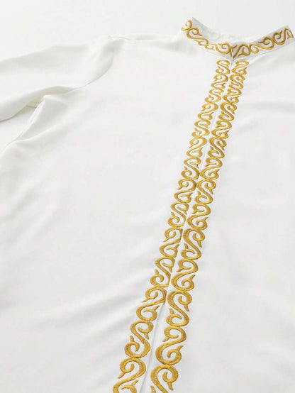 Set Nuovo Giacca e Pantaloni da Uomo in Stile Tradizionale Africano con Scollo a Equipaggio, Tinta Unita, Ricamo, Manica Lunga, Abito da Matrimonio