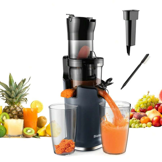 Spremiagrumi a freddo BioloMix con scivolo di alimentazione da 78 mm, 200 W 40-65 giri/min, motore potente, spremitore a masticazione lenta, adatto per frutta intera