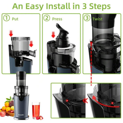Spremiagrumi a freddo BioloMix con scivolo di alimentazione da 78 mm, 200 W 40-65 giri/min, motore potente, spremitore a masticazione lenta, adatto per frutta intera