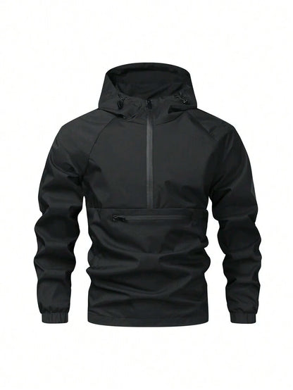 Giacca antivento a mezza chiusura lampo a prova d'acqua casual e versatile da uomo, leggera nera a fascia lunga per esterni, adatta come regalo per Friend, Husband, Boyfriend