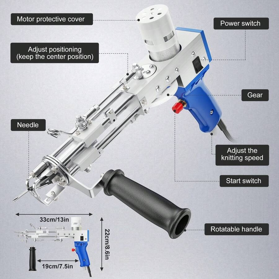 Pistola per trapuntatura, Set pistola per trapuntatura, Pistola per trapuntatura a pelo tagliato, Pistola per trapuntatura per tappeti, Pistola per trapuntatura per tappeti ad alta velocità, 5-45 punti/sec.