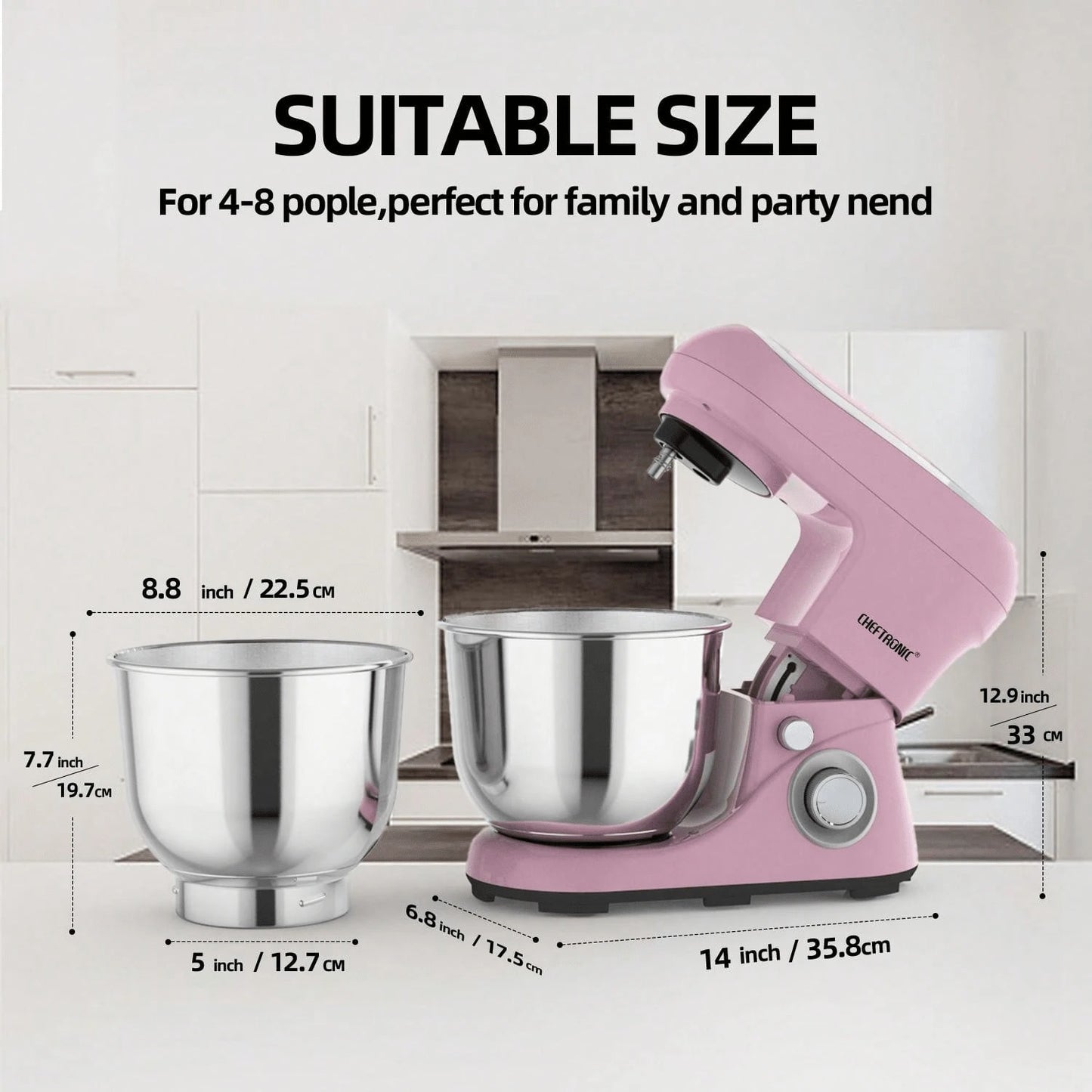 CHEFTRONIC 1 pezzo Robot da cucina, Impastatrice elettrica per uso domestico con testata inclinabile da 5,3 qt - 1300 W 6 + velocità, Impastatrice da cucina multifunzione con gancio per impasto, frusta