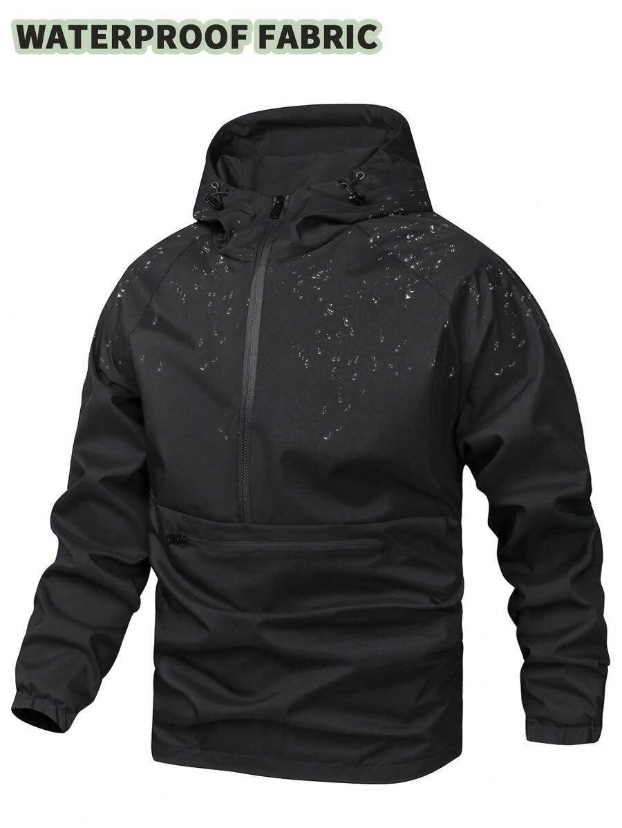 Giacca antivento a mezza chiusura lampo a prova d'acqua casual e versatile da uomo, leggera nera a fascia lunga per esterni, adatta come regalo per Friend, Husband, Boyfriend