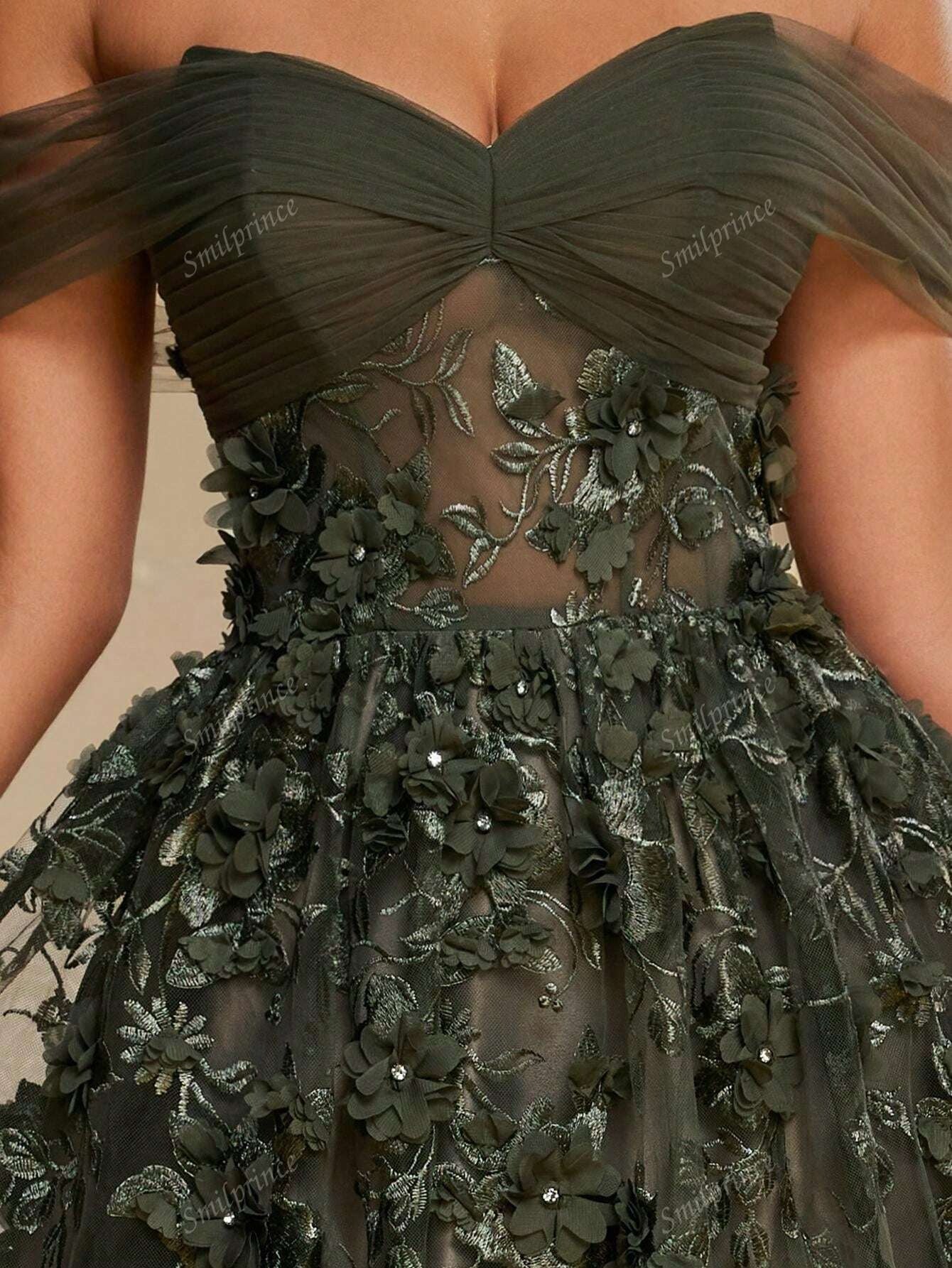 Elegante abito da sera lungo in tulle verde scuro a spalle scoperte con applicazioni floreali 3D, abito da sera formale da donna, abito da ballo per donne