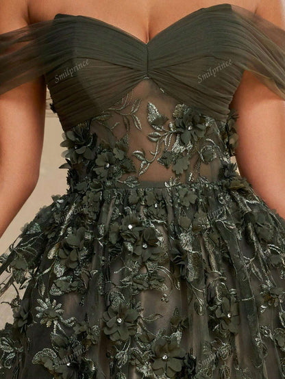 Elegante abito da sera lungo in tulle verde scuro a spalle scoperte con applicazioni floreali 3D, abito da sera formale da donna, abito da ballo per donne
