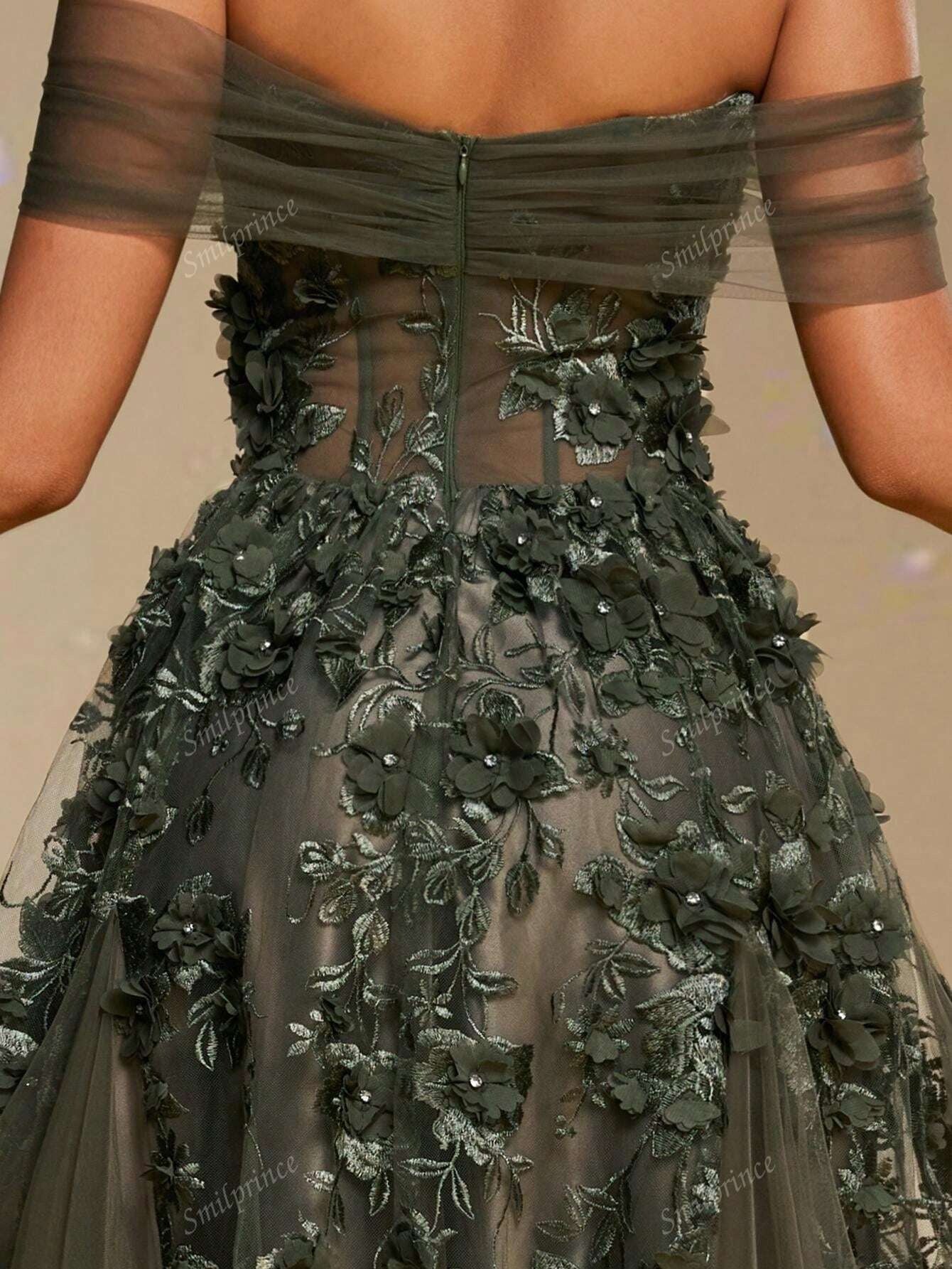 Elegante abito da sera lungo in tulle verde scuro a spalle scoperte con applicazioni floreali 3D, abito da sera formale da donna, abito da ballo per donne