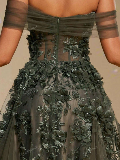 Elegante abito da sera lungo in tulle verde scuro a spalle scoperte con applicazioni floreali 3D, abito da sera formale da donna, abito da ballo per donne