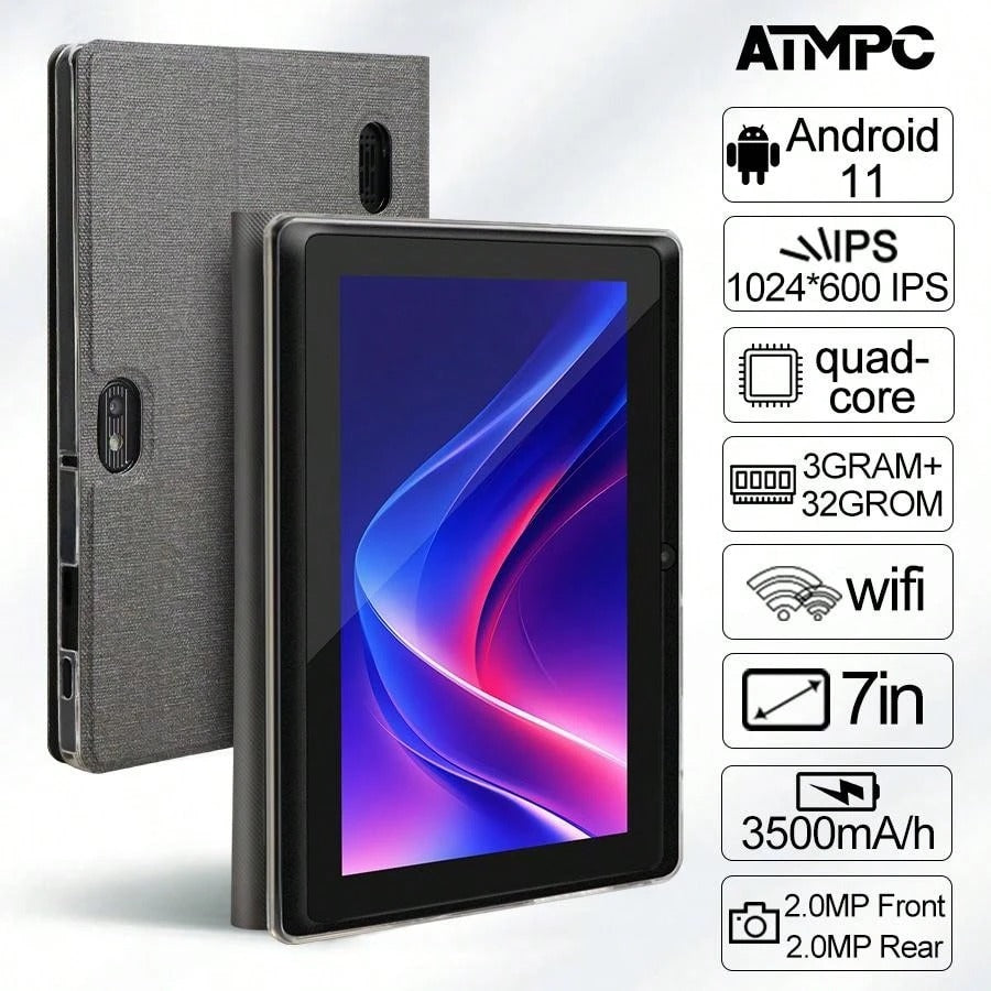 Tablet Android 11 da 7 pollici ATMPC 701A, con 2GB di RAM DDR e 32GB di ROM, batteria da 3500mAh, processore quad-core, schermo IPS da 7 pollici con risoluzione 1024x600, fotocamera da 30 e 200 MP