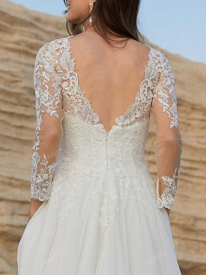 Abiti da sposa di lusso in chiffon con maniche lunghe in illusione di pizzo, abiti da sposa con scollo a V a line, abiti da sposa con cerniera sul retro