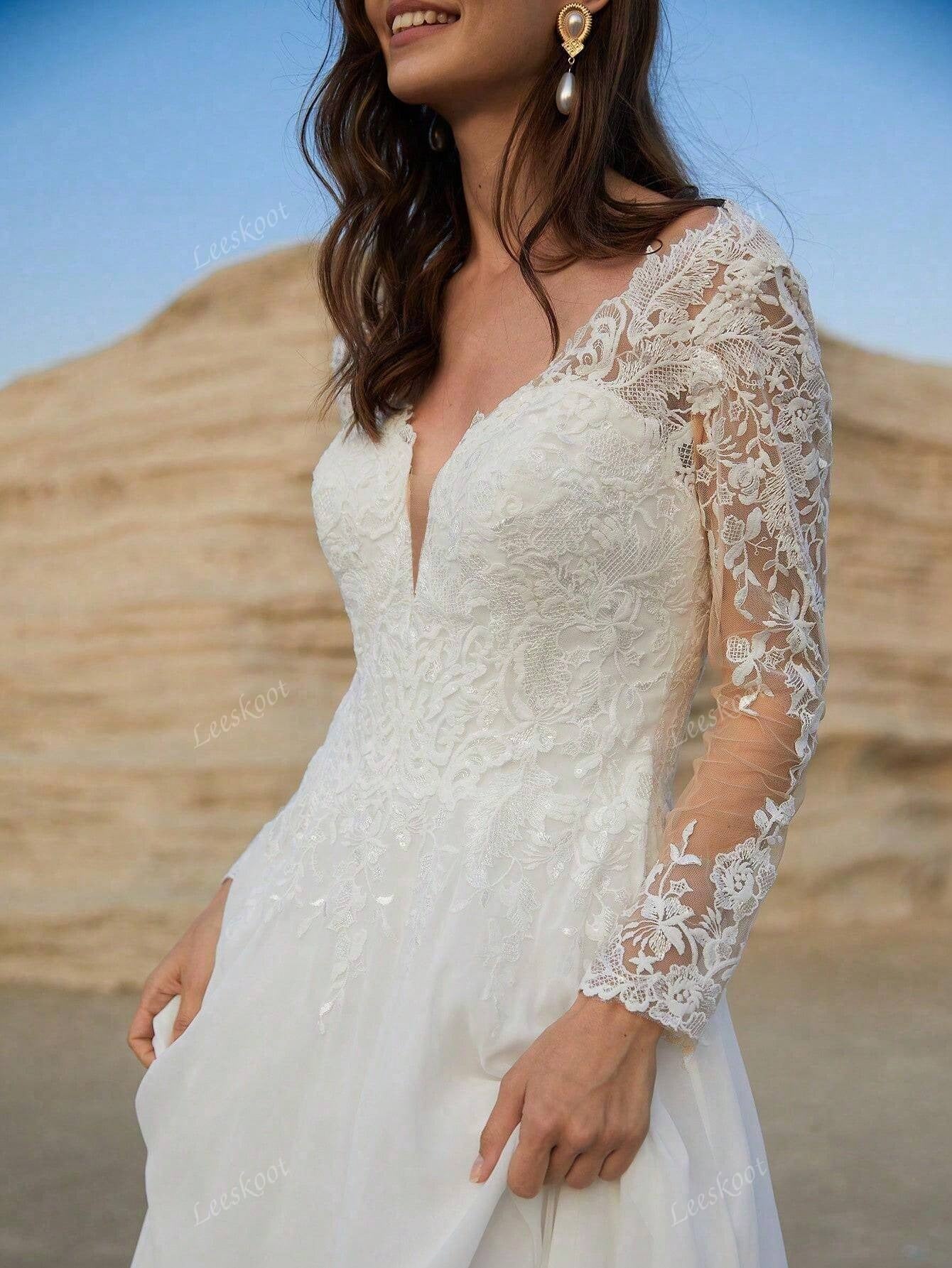 Abiti da sposa di lusso in chiffon con maniche lunghe in illusione di pizzo, abiti da sposa con scollo a V a line, abiti da sposa con cerniera sul retro