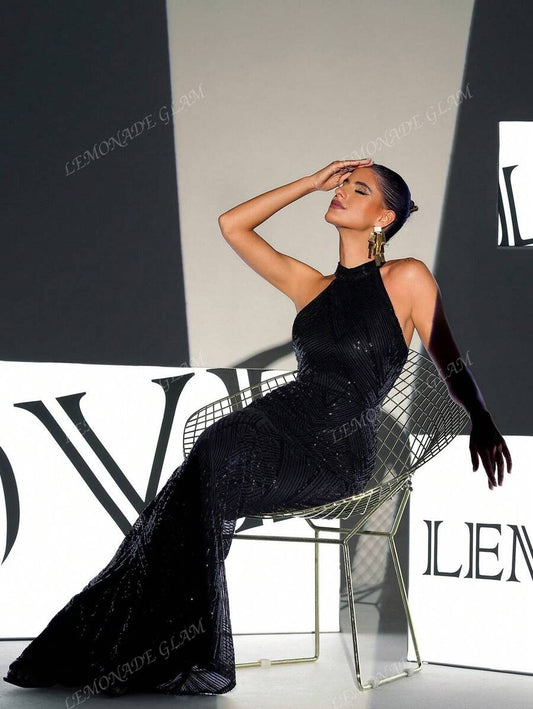 Abito da ballo a sirena con paillettes, scollo ad aletta, elegante, da sera, per matrimoni, per laurea, cene, di colore nero