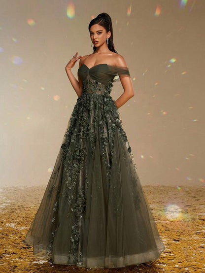 Elegante abito da sera lungo in tulle verde scuro a spalle scoperte con applicazioni floreali 3D, abito da sera formale da donna, abito da ballo per donne