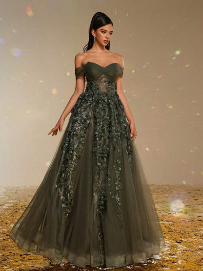 Elegante abito da sera lungo in tulle verde scuro a spalle scoperte con applicazioni floreali 3D, abito da sera formale da donna, abito da ballo per donne