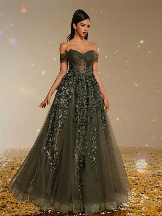 Elegante abito da sera lungo in tulle verde scuro a spalle scoperte con applicazioni floreali 3D, abito da sera formale da donna, abito da ballo per donne